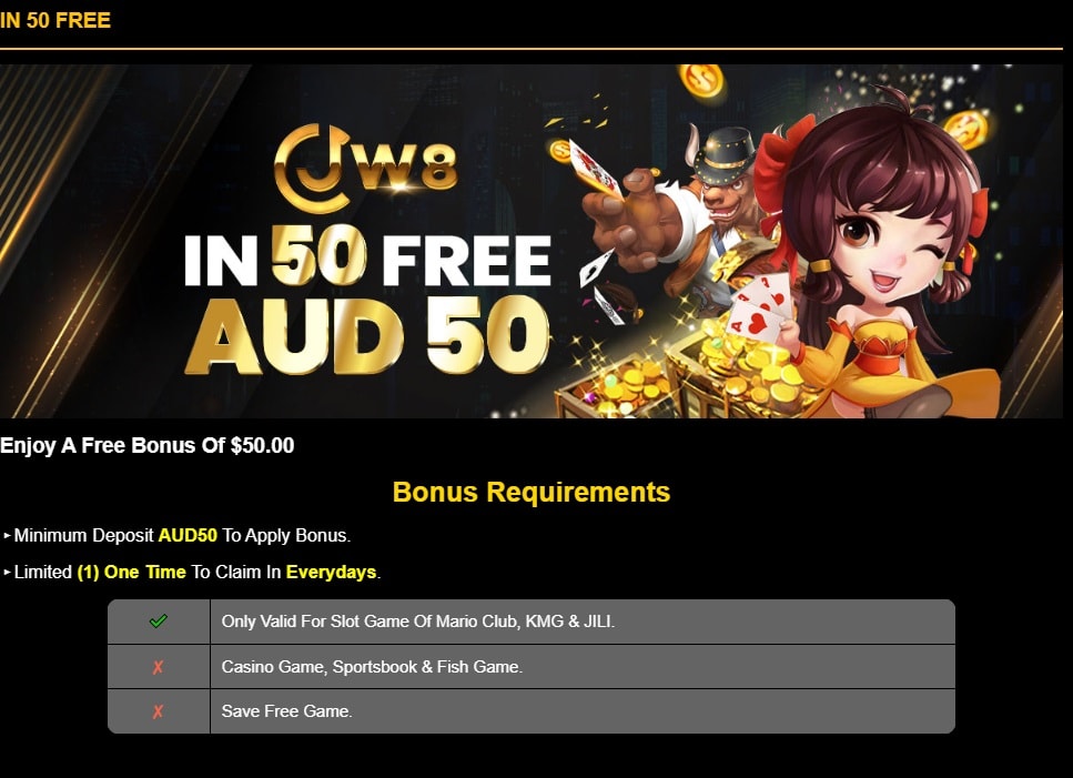 JW8AU Casino No Deposit Bonus – Claim Your 20 AUD Free Chip for Registering 4 JW8AU Casino $50 No Deposit Bonus