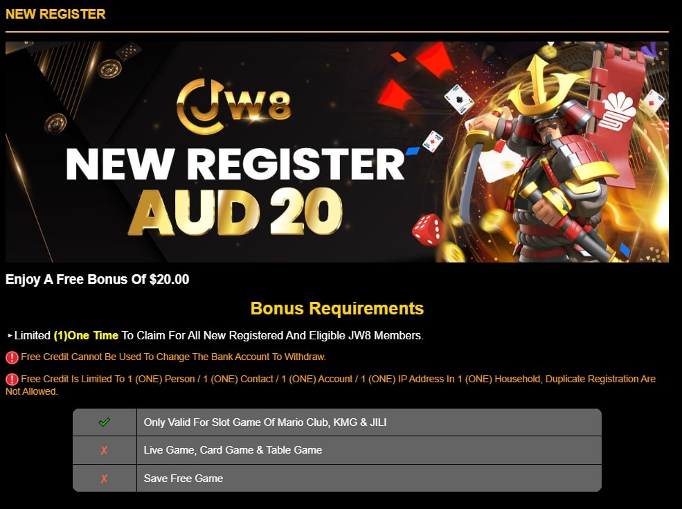 JW8AU Casino No Deposit Bonus – Claim Your 20 AUD Free Chip for Registering 3 JW8AU Casino No Deposit Bonus