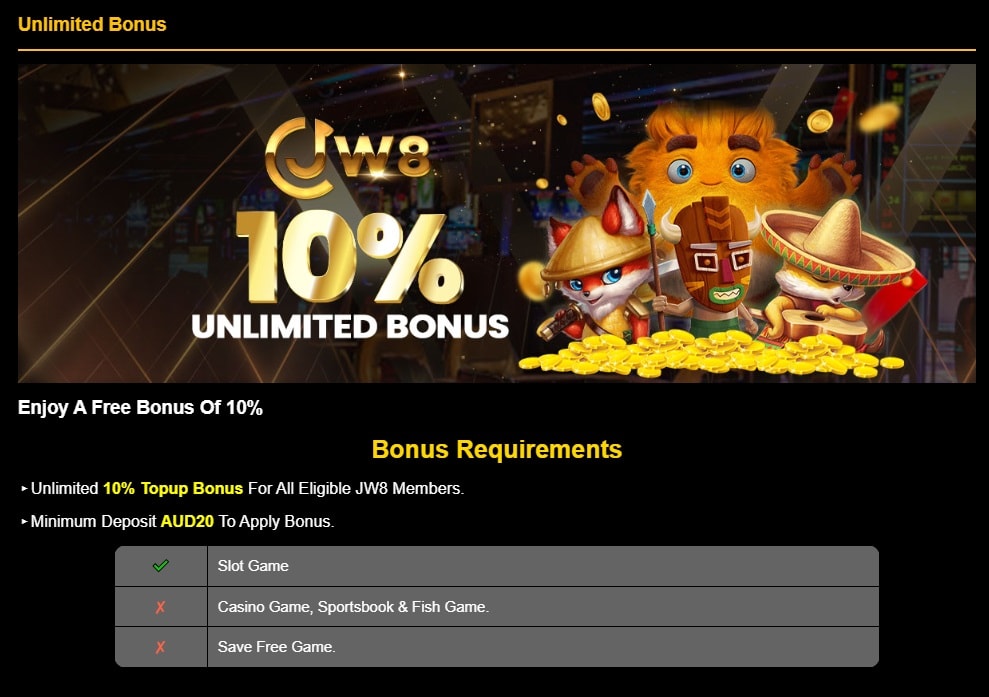 JW8AU Casino No Deposit Bonus – Claim Your 20 AUD Free Chip for Registering 5 JW8AU Casino No Deposit Bonus – Claim Your 20 AUD Free Chip for Registering 3