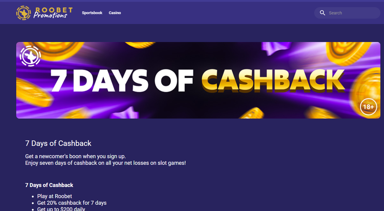 7 Days of Cashback Roobet Bonus
