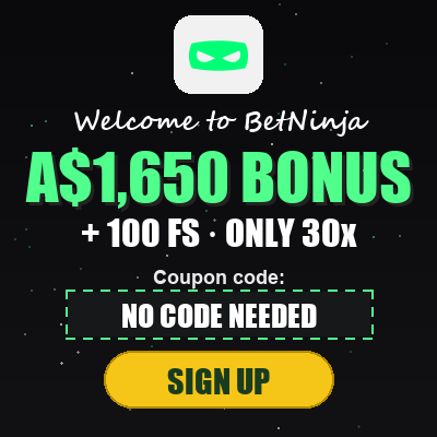 BetNinja logo and bonus: A$1,650 BONUS + 100 FS · ONLY 30x — verified July 2026