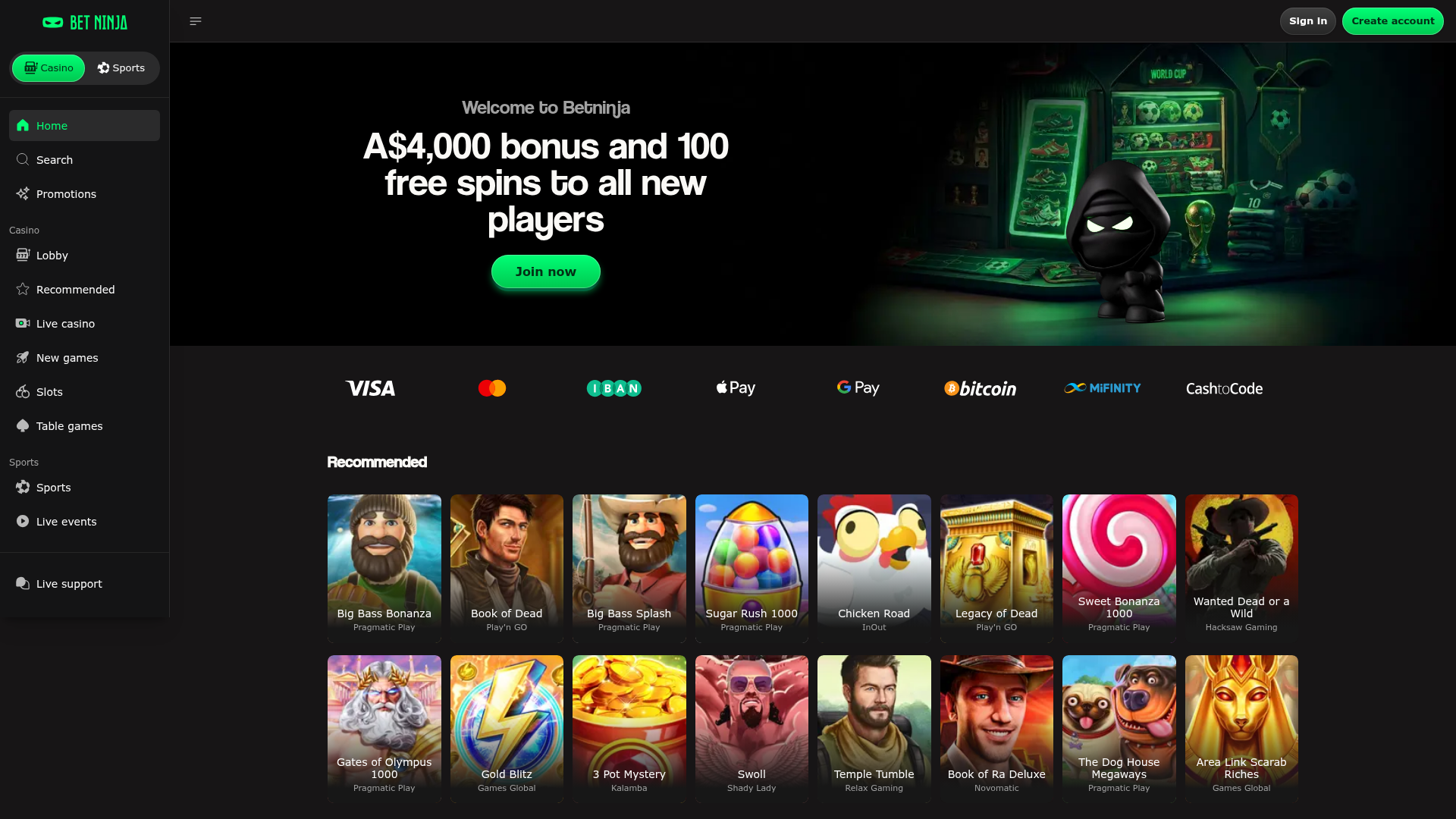 BetNinja casino homepage screenshot July 2026