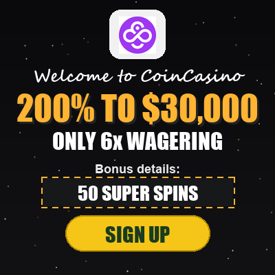 CoinCasino logo and bonus: 200% TO $30,000 ONLY 6x WAGERING — verified July 2026