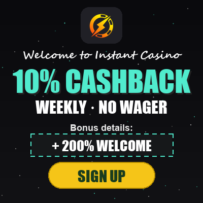 Instant Casino logo and bonus: 10% CASHBACK WEEKLY · NO WAGER — verified July 2026