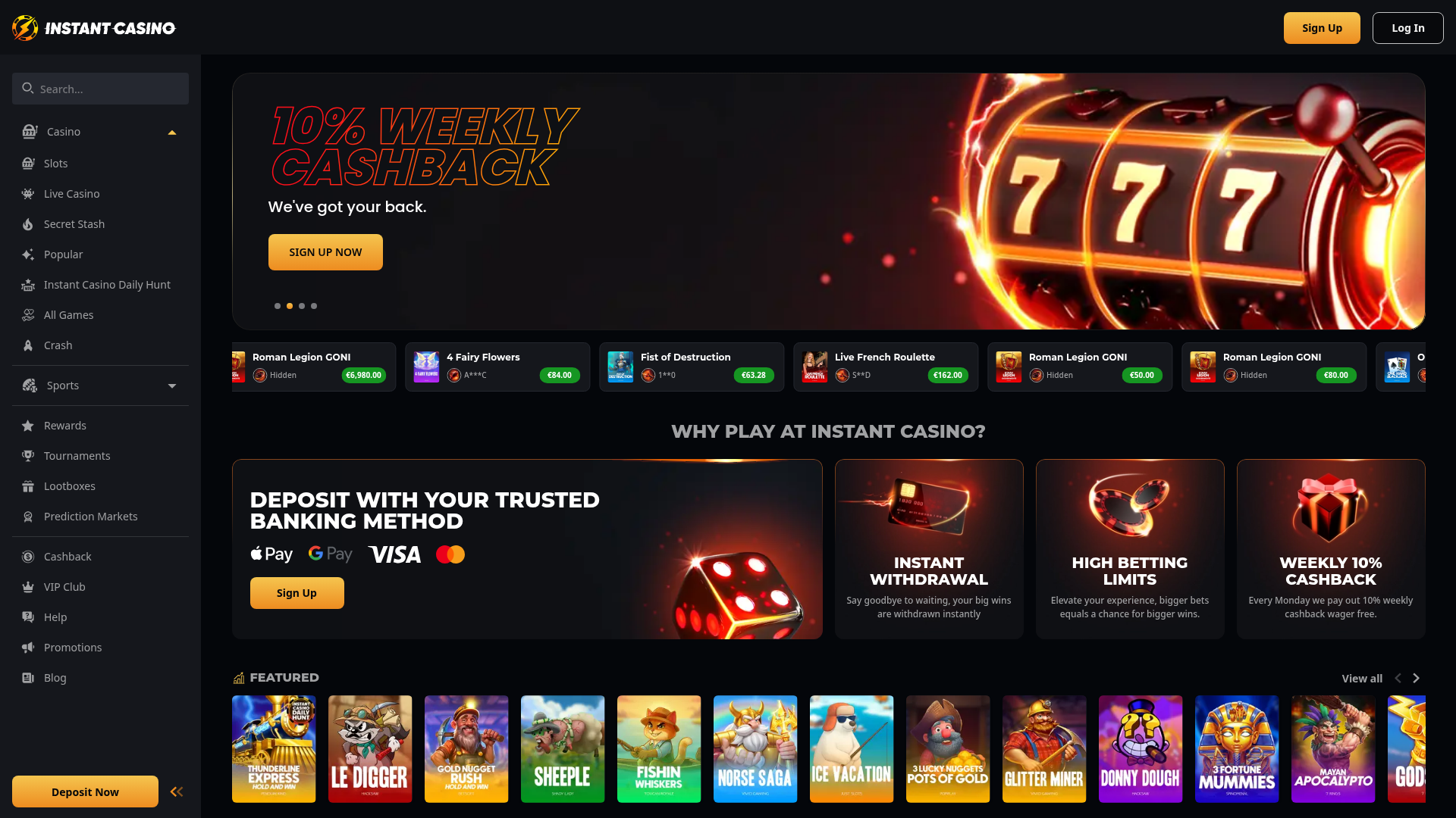 Instant Casino casino homepage screenshot July 2026