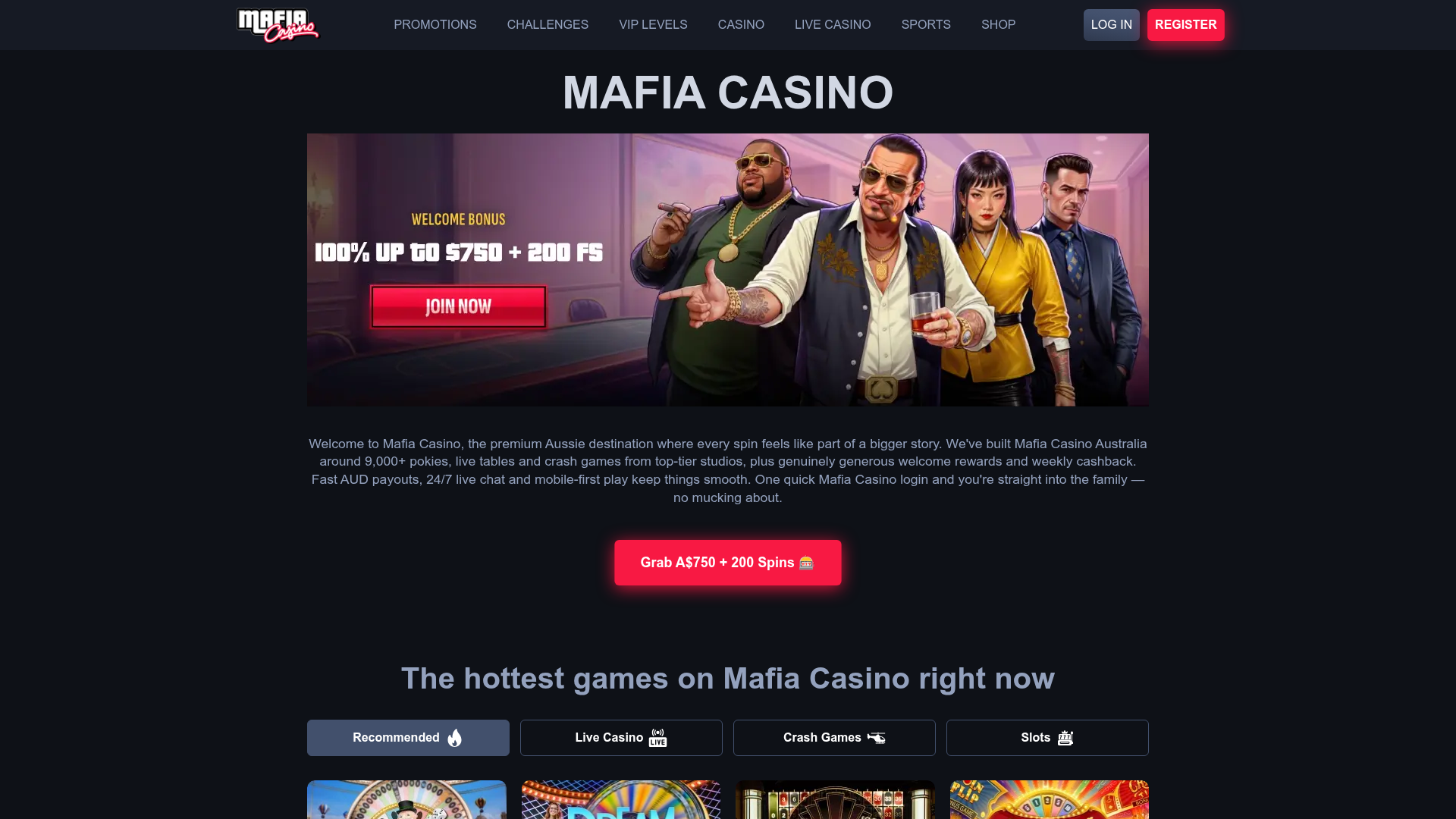 Mafia Casino casino homepage screenshot July 2026