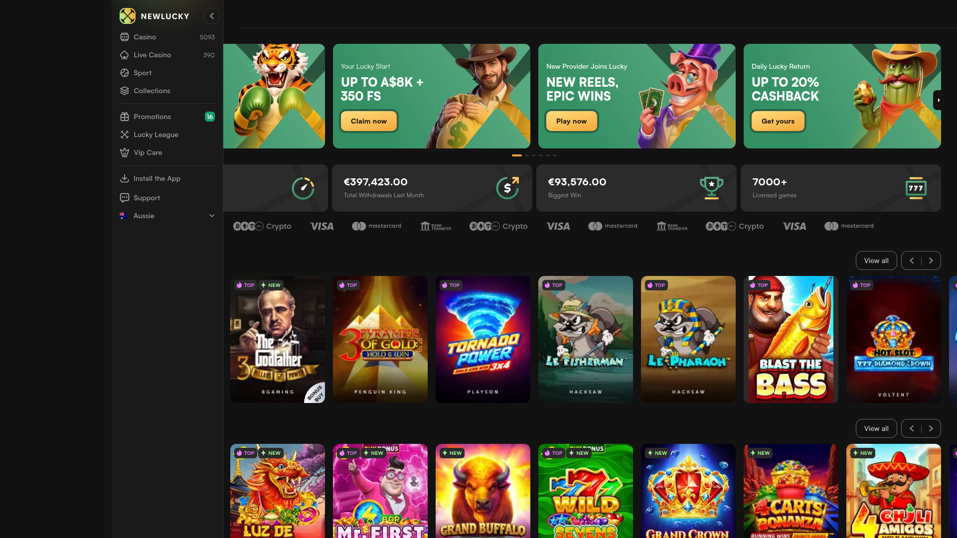 NewLucky Casino Welcome: 100% up to A$1,500 + 150 Free Spins (35x) 2 NewLucky casino homepage screenshot July 2026