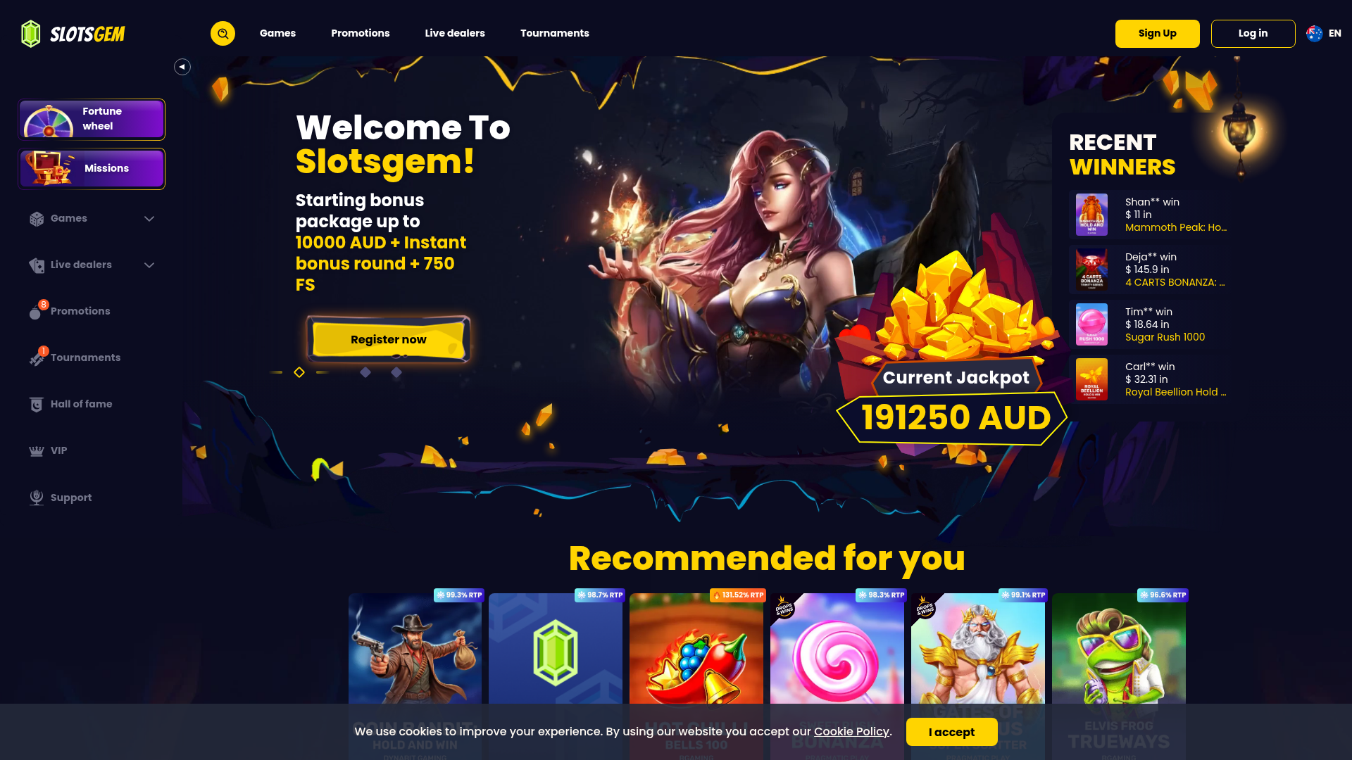 SlotsGem casino homepage screenshot July 2026