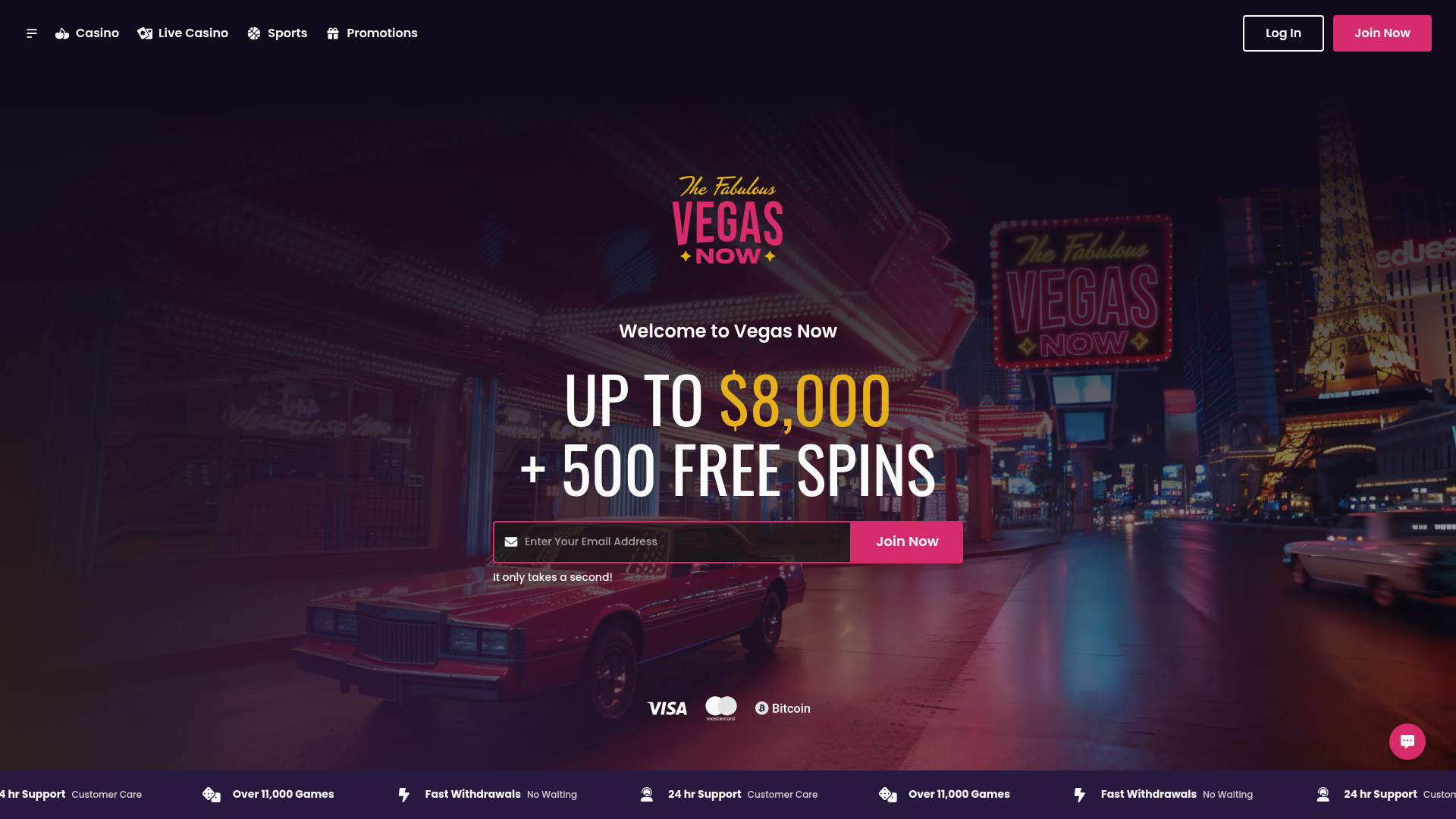 Vegas Now Casino Welcome Package: A$8,000 + 500 Free Spins 2 Vegas Now casino homepage screenshot July 2026