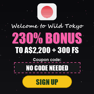 Wild Tokyo logo and bonus: 230% BONUS TO A$2,200 + 300 FS — verified July 2026